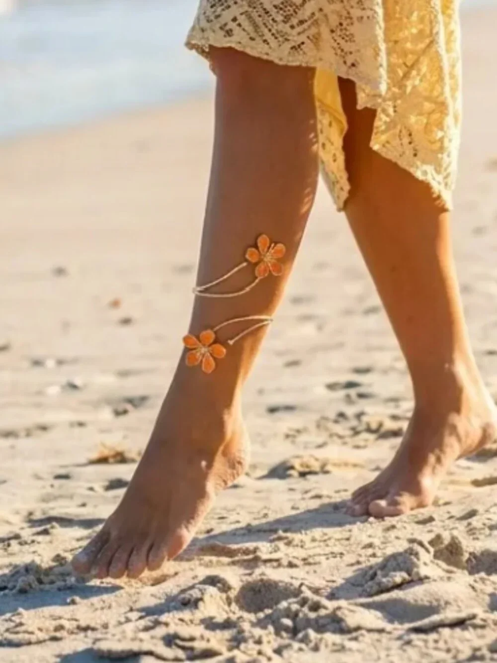 Boho Orange Enamel Flower Arm & Ankle Cuff Bracelet | Adjustable - Picture 7 of 13